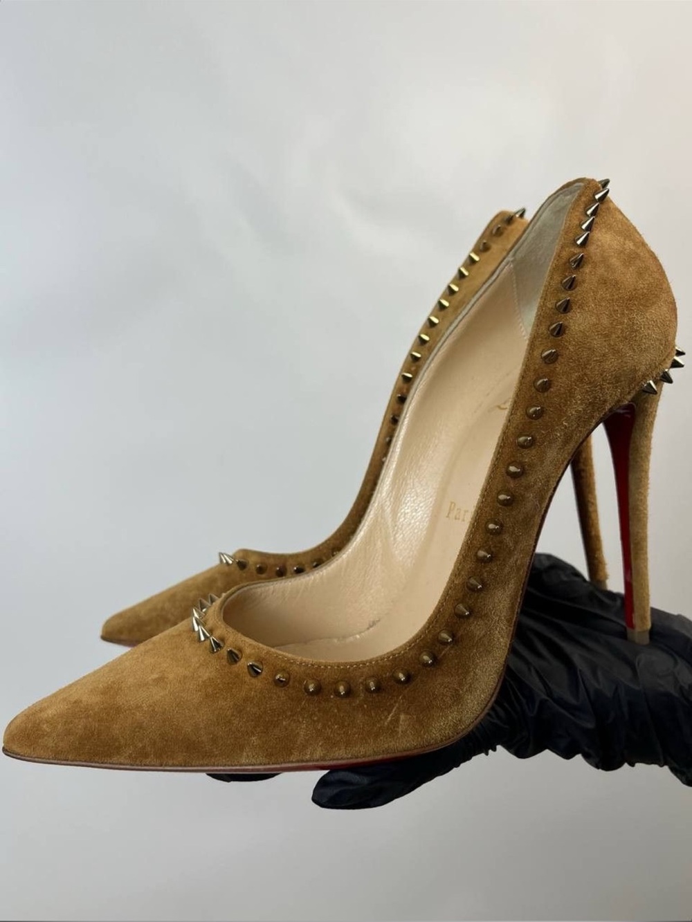 Christian Louboutin Tan Suede Studded Pointed-Toe Pumps , follies spike heels